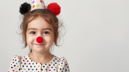 Fototapeta premium A young girl wearing a clown hat and a red nose is smiling. She is wearing a white dress with black polka dots