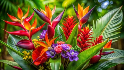 Vibrant bouquet of exotic Hawaiian flowers featuring red heliconia, green orchids, and purple bird of paradise blooms against lush foliage.
