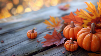 Autumn Still Life with Pumpkins and Leaves on Wooden Tabletop
