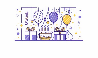 line illustration of happy birthday card with gift, balloons and cake icons in purple yellow colors on white background. concept for web banner poster flyer invitation cover letter. present box, music