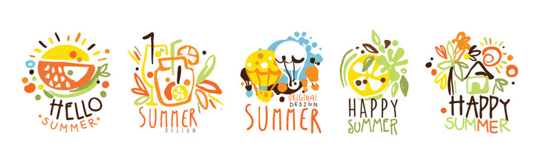 Happy Summer Label and Original Design Bright Logo Vector Set