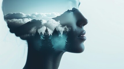 Double exposure silhouette of a person blending with majestic mountain ranges, capturing the grandeur of nature and human spirit, high-definition, detailed textures, dramatic lighting, epic and