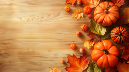 Autumn Still Life with Pumpkins and Leaves on Wooden Tabletop