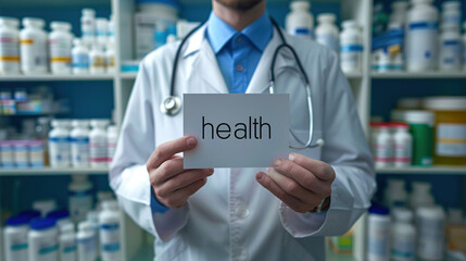 Close up of doctor holding a white card with the word "health", a stethoscope around their neck