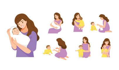 Set Of Mother And Baby. Mother Holding And Raising Her Baby Relaxing With Many Activities Together
