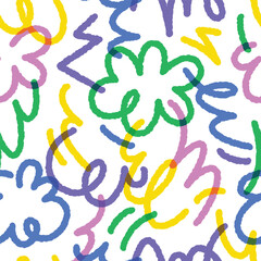Abstract drawing doodle seamless pattern. Creative squiggle color lines. Trendy colorful background.