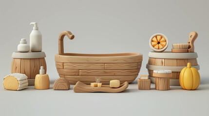 A collection of handcrafted wooden bath accessories, including containers, brushes, and soap dishes, accented with fresh citrus fruits, showcasing a natural and artisanal bath setup.