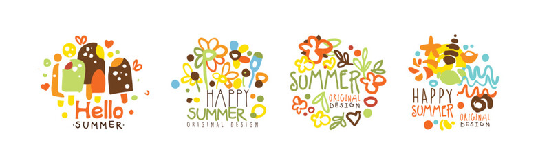 Happy Summer Label and Original Design Bright Logo Vector Set