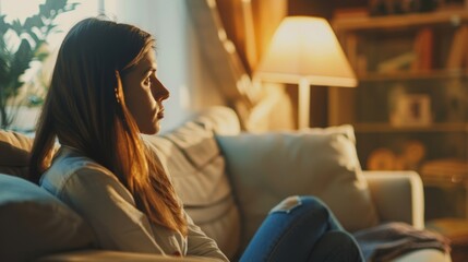 Fototapeta premium A pensive woman sitting alone on a couch at home, illuminated by warm ambient lighting, reflecting deep thoughts.