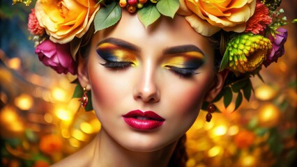 Vibrant, rainbow-hued cosmetics adorn a flawless, serene visage, with luscious lashes and plump lips, basking in a warm, golden light.