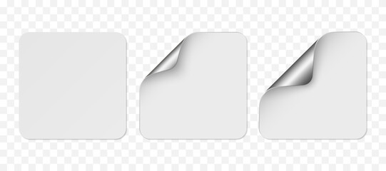 Vector white realistic square paper stickers with silver corner isolated