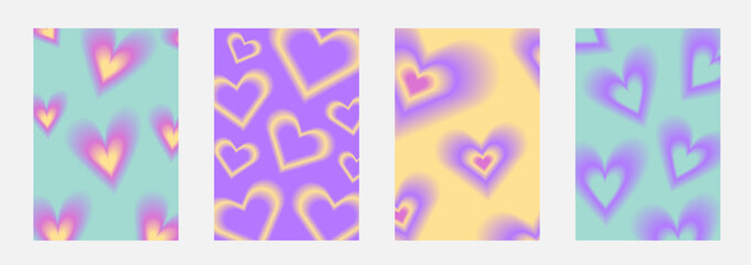 Fototapeta premium Set brochure y2k aura. Blurred heart, butterfly and stars with aura in trendy style y2k.