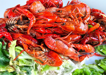 Freshly cooked river crayfish on a platter with green lettuce close up. Crawfish ready to eat.