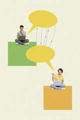 Sketch image composite photo collage of young man woman couple online date sit hold laptop speech...