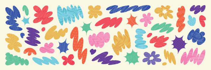 Abstract rough squiggle shapes set. Creative color doodles with hand drawn textures. Trendy colorful forms isolated on white background.