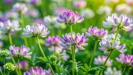 Fototapeta premium Delicate white and purple flowers of Chinese milk vetch bloom amidst soft green foliage in a serene natural landscape background.