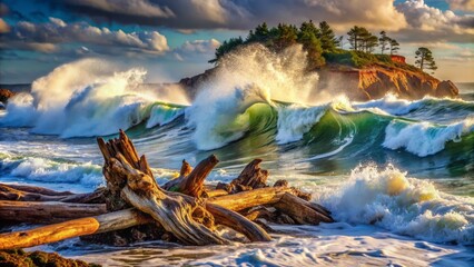 Powerful ocean waves crash against the rugged shoreline, foamy water swirling around weathered driftwood, capturing the fury of the sea.