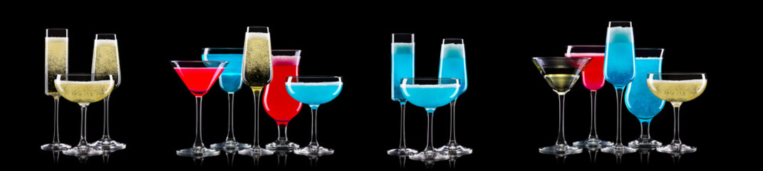 Set of different glasses for drinks and cocktails on black background