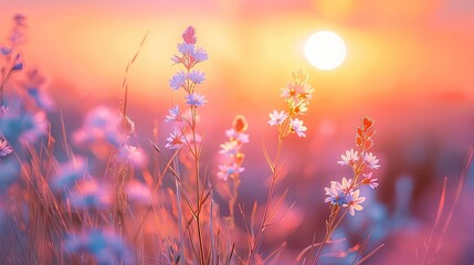 Soft focus of grass flowers with sunset light, peaceful and relax natural beauty