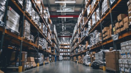 Fototapeta premium A warehouse with many boxes stacked on shelves