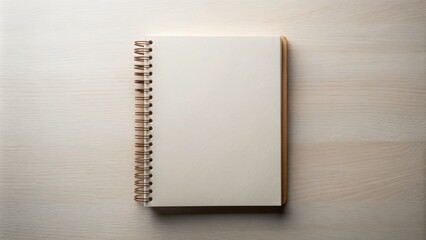 Neutral-toned empty spiral-bound notebook with clean white cover lying flat from directly above, awaiting creative ideas and inspiration.