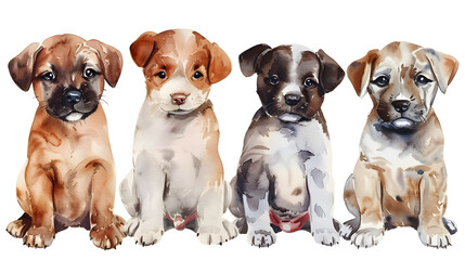 Group of cute puppies dogs sitting in a row watercolor illustration isolated on a white background