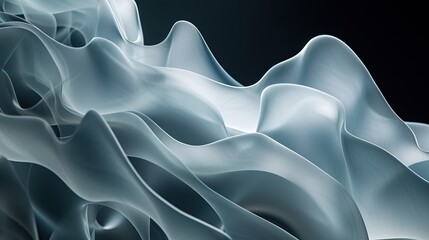 Obraz premium Abstract image of flowing, translucent waves in shades of gray and white against a dark background.