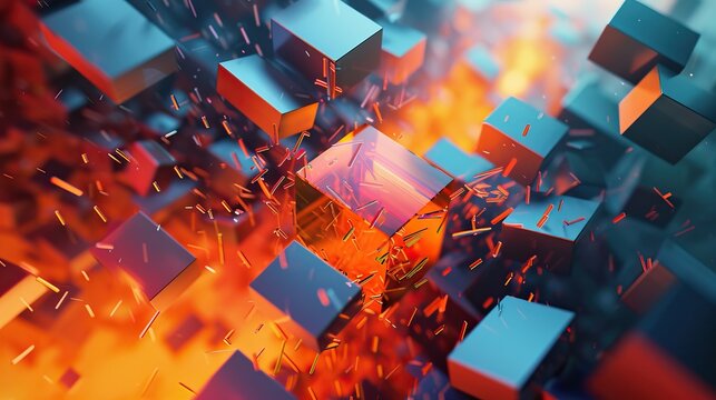 Abstract  of metallic cubes with glowing edges, surrounded by fiery particles and light effects, creating a dynamic and energetic scene.