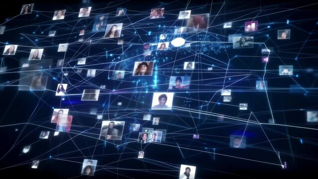 Digital network representing social connections with multiple user profiles linked by lines and nodes, illustrating online community interactions.