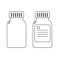 Pills bottles icons with prescription label. Medicine drugs. Editable stroke