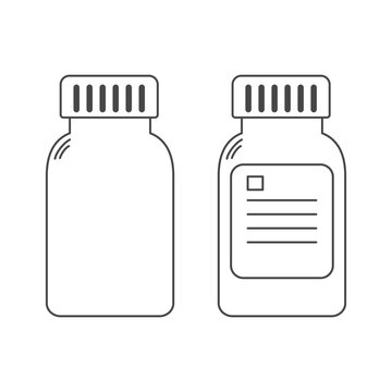 Pills bottles icons with prescription label. Medicine drugs. Editable stroke