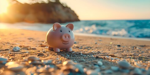 Financial Freedom and Independence Symbolized by Piggy Bank on Beach High-Quality Image. Concept Finance, Savings, Wealth, Beach, Piggy Bank