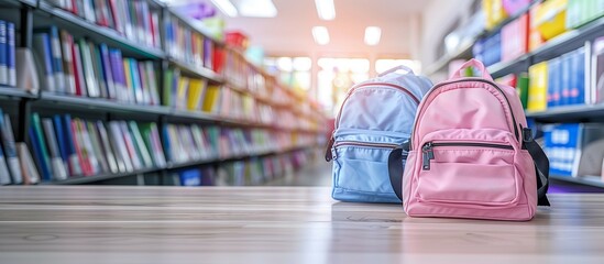 Schoolbags with books on table in library or reading room at school,back to school concept theme.