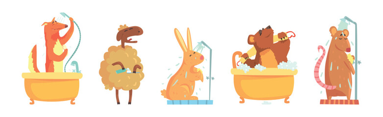 Funny Animal Bathing and Washing in Bathroom Vector Set