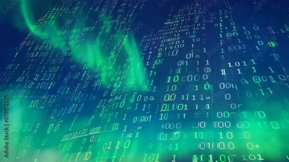 Poster A binary code sequence cascading down a digital screen, transforming into a breathtaking aurora borealis.