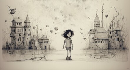 A little girl stands in a flooded city with balloons. The water is up to her knees, and the buildings are submerged. The girl is looking at the camera with a sad expression.