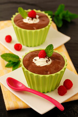 Chocolate cream with raspberries.