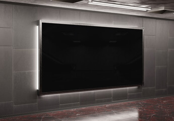 Panoramic billboard on underground subway Mockup. Hoarding advertising hanging on train station interior 3D rendering