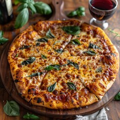 A high-angle shot of a whole cheese pizza on a wooden cutting board By Generated AI
