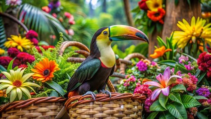 Fototapeta premium Vibrant toucan perches on a lush green branch surrounded by baskets overflowing with colorful exotic flowers in tropical paradise setting.