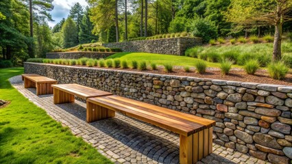 Obraz premium Natural stone gabion retaining wall with wooden benches cleverly integrated into dry wall structure in serene park landscape setting.