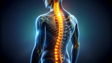 Illuminated spine superimposed on dark background, 3D model, eerie glow, vivid yellow highlights, conveying severe discomfort and suffering at home.
