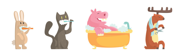 Funny Animal Bathing and Washing in Bathroom Vector Set