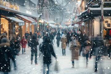 Obraz premium Crowd of people walking through an urban shopping district on a snowy winter day, motion blur