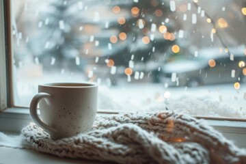Fototapeta premium Cup of coffee on the windowsill in cozy room, winter scene outside the window