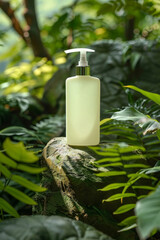 In the sunny jungle, there is a bottle of light green shampoo is placed on top of the stone, studio photos, cosmetics poster style