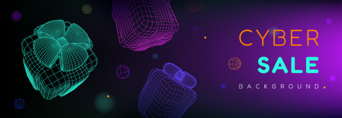 3d cyber monday digital tech gift box sale offer background. Futuristic shopping wireframe poster for online advertising or game design. Neon surprise event with prize package marketing banner