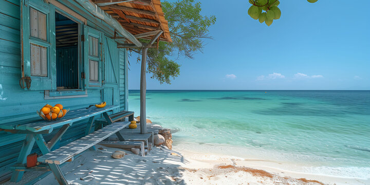 little beach house on the white sand of tropical island , with blue wooden picnic tables and chairs placed outside, perfect for wallpaper