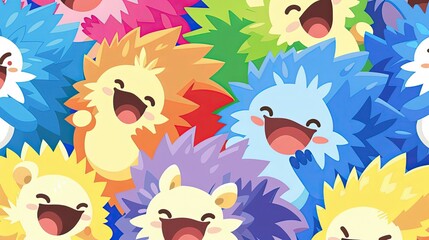 Naklejka premium A anime-style image of hedgehogs showing different happy emotions. The flat vector artwork is characterized with each hedgehog sporting a different color.