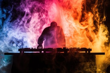 DJ silhouette mixing on fire of different colors